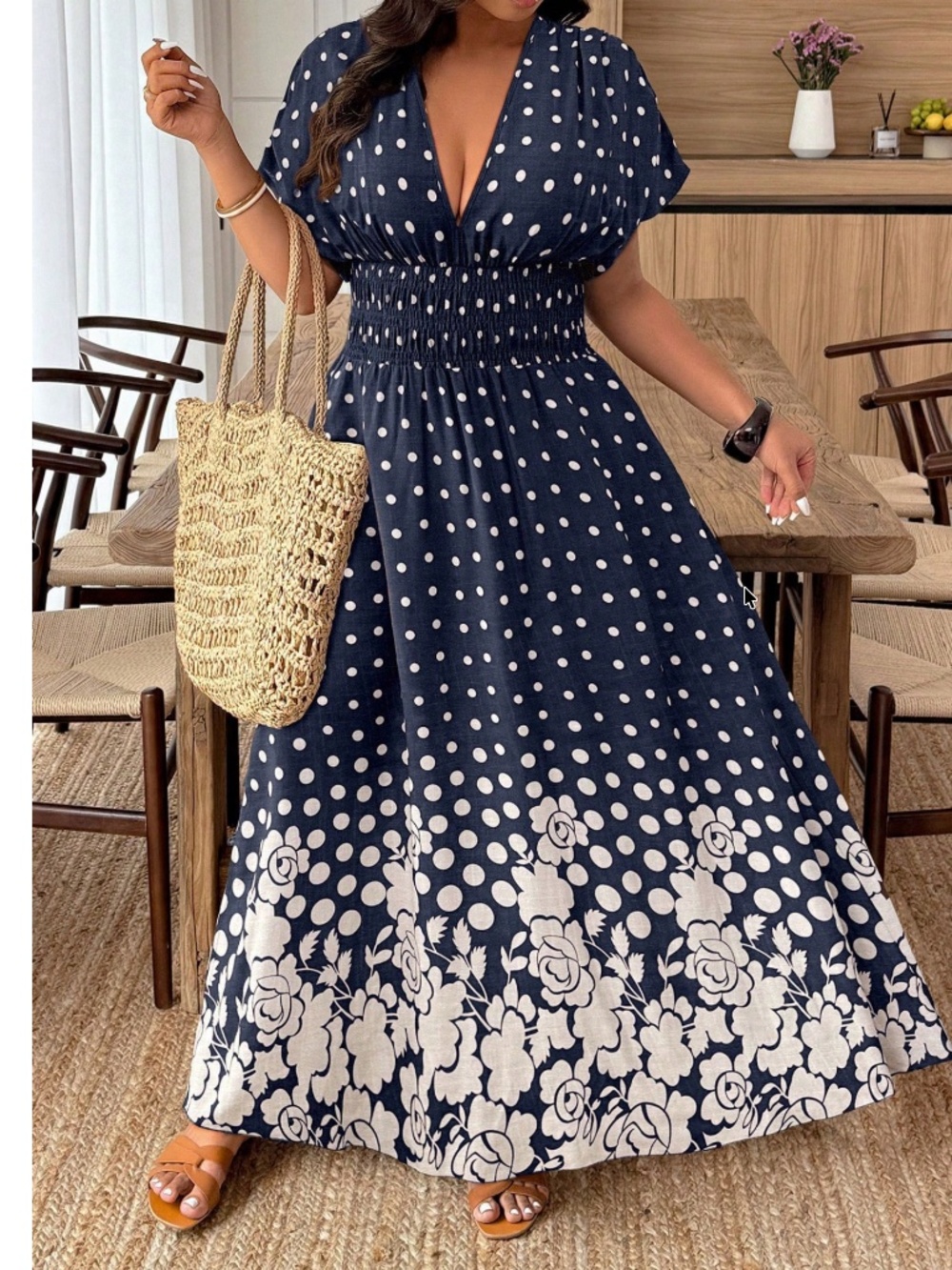 Plus Floral Polka Dot Print V neck Stretchy WAist Maxi Dress